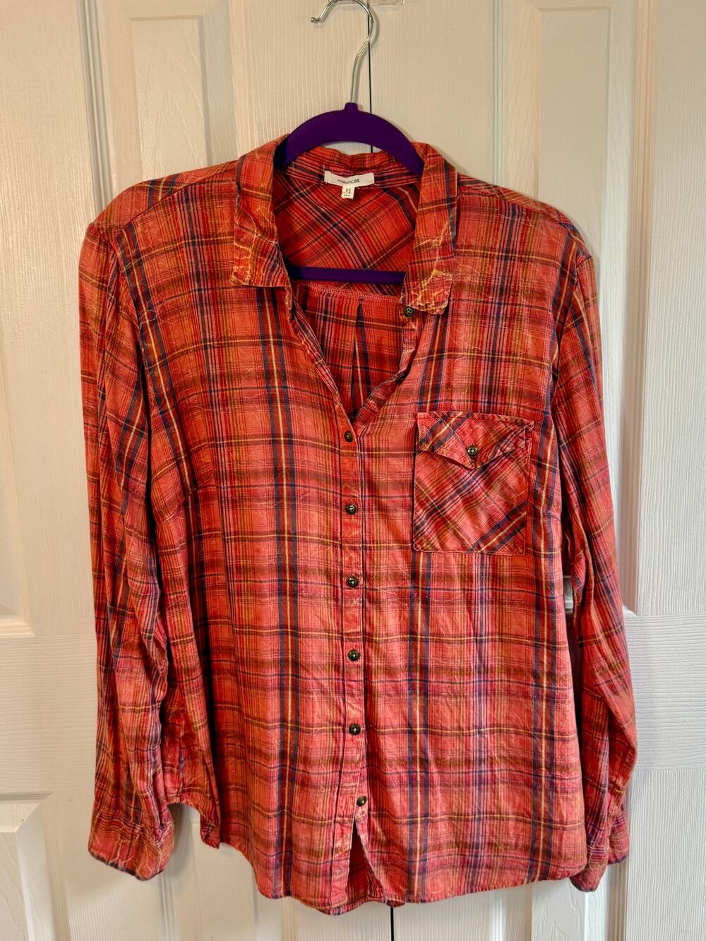 Maurices Coral Plaid Shirt — fits Small